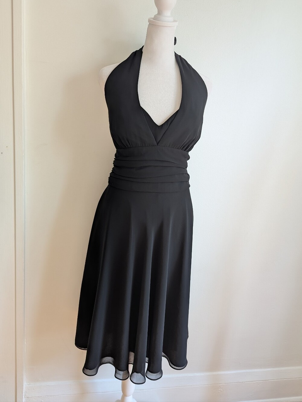 Vintage 90s Cachet Classic Black Chiffon Halter Midi Dress Ruched Waist 14